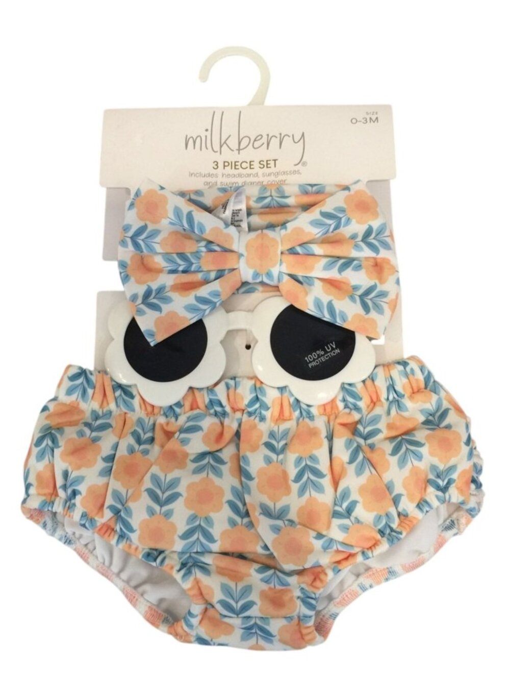 milkberry 3 Piece Summer Set Floral Headband Sunglasses Swim Diaper Cover Blue P